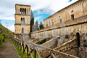 Bell tower and buttresses of the ancient Abbey of San Liberatore a Majella in Abruzzo Italy