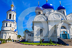 Bell tower and Cathedral of Bogolyubovo icon of Our Lady in Bogolyubovo convent in Vladimir oblast, Russia