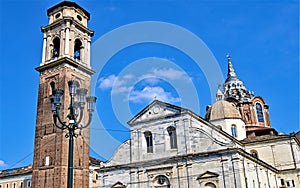 The bell tower of the Cathedral of St John the Baptist 2, Turin, Liguria, Italy.