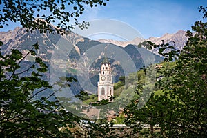 the bell tower of the Cathedral of St. - Nicholas in Merano, Bolzano, south Tyrol, Italy