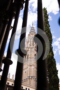 Bell tower of the Cathedral of Toledo seen through the grate of a gate, Spain