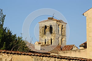 Bell tower of catholic church of Saint John Baptist in Pedraza, Segovia, Spain.