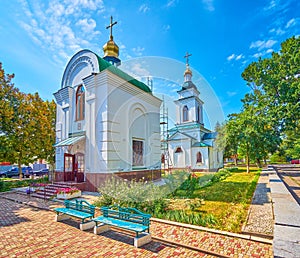The bell tower and chapel of Church of the Savior in Poltava, Ukraine