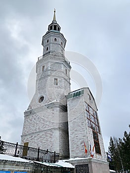 Bell tower and chapel of John Chrysostom in Zlatoust on Red hill. Chelyabinsk region, Russia