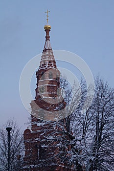 Bell tower of chernigovsky skete in cold winter evening