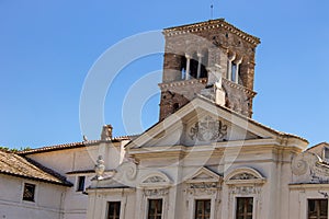 The bell tower of a church. The arches that enclose the bells are visible.