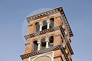 Bell tower of the church of the Coppede district in Rome, Italy