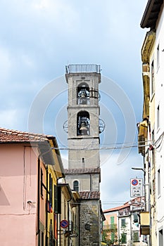 Bell tower of the church in Fivizzano, the small Lunigiana town in the province of Massa and Carrara, Tuscany, Italy, copy space