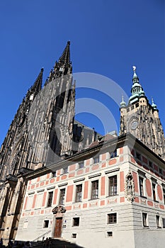 Bell tower of the Church of Saint Vitus in the city of Prague