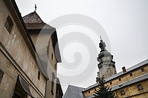 Bell Tower with a clock of the Bernardine Monastery located in the Lviv city\'s Old Town, Ukraine