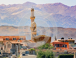 Bell tower with clock of Chania town on Crete island