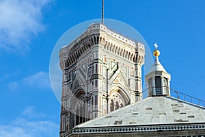 Bell tower detail of Florence Santa Maria del Fiore cathedral in Tuscany, Italy