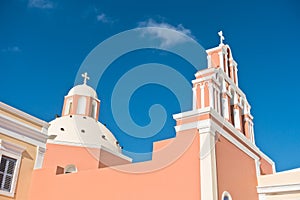 Bell tower and dome of a church at Oia village, Santorini island