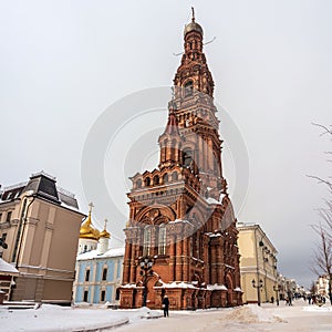 Bell tower of the Epiphany Cathedral bright landmark of Kazan, Russia