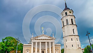 Bell Tower And Facade Of Cathedral Basilica Of St. Stanislaus And St. Vladislav On Cathedral Square in Vilnius, Lithuania