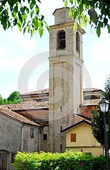 Bell tower and the group of houses in PortobuffolÃ¨ in the province of Treviso in the Veneto (Italy)
