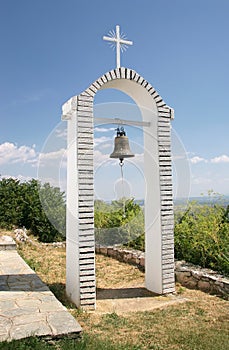 Bell tower on the hill above Lake Orestida. Kastoria