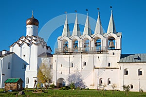 Bell tower and the intercession Church of the Tikhvin assumption monastery closeup. Tikhvin, Russia