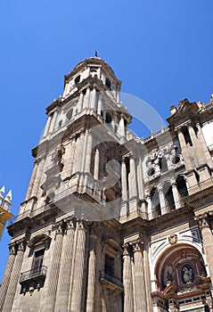 The bell tower of Malaga Cathedral in Malaga, Andalusia, Spain, Europe