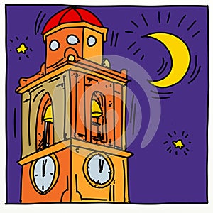 a bell tower at midnight comic book style humorist