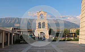 Bell tower of the modern orthodox church in Gjirokastra, small historical  town in Albania