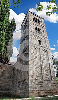 Bell tower of the Monastery of San Miguel, in Poble Espanyol, Spanish Village in Barcelona, Catalonia, Spain