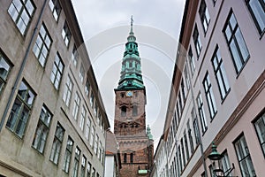 Bell tower of The Nikolaj Contemporary Art Center, the former St. Nicholas Church in Copenhagen, Denmark