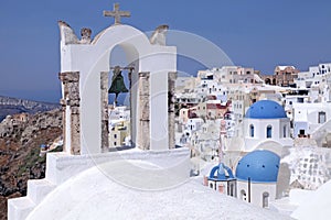 Bell tower and orthodox church, Oia, Santorini island, Greece