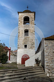Bell Tower of Orthodox church with stone roof in village of Theologos,Thassos island, Greece