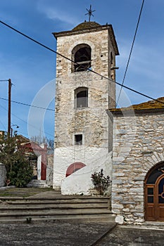 Bell Tower of Orthodox church with stone roof in village of Theologos,Thassos island, Greece