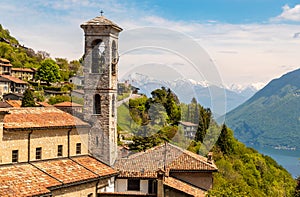 Bell tower of the parish church of Saints Simone and Fedele, located in BrÃ¨-Aldesago on the Monte Bre of Lugano,Switzerland