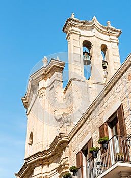 Bell tower of the Purgatory Church, formerly San Martino Chapel in historic center of Polignano a Mare, Italy