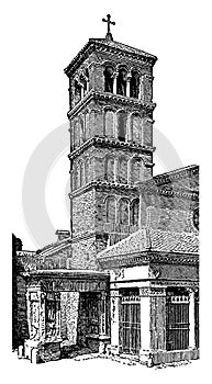 Bell Tower refer to a free standing bell tower, heard at a distance,  vintage engraving photo