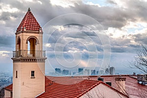 Bell tower at the rooftop of church against downtown Salt Lake City Utah view