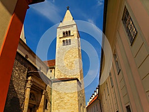 Bell tower of the Saint George Basilica in Prague, Czech Republic