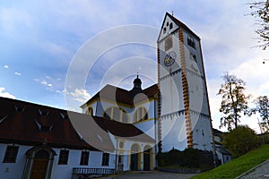Bell tower of the Saint Mang church in Fussen, Germany