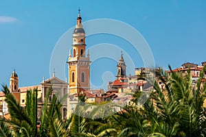 Bell tower of Saint Michael Archangel basilica in Menton, France.