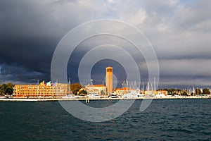 Bell tower of Sant'Elena Church and yacht harbor at extreme east end of sestiere of Castello in Venice, Italy. View