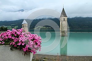 Bell tower of St Catherine\'s church at Lago di Resia