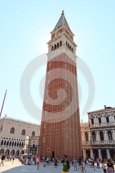 Bell tower St Mark`s Campanile and Doge`s Palace at Saint Mark`s Square Piazza San Marco in Venice, Italy