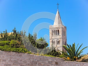 Bell tower of St. Mary`s church at Rab, Croatia