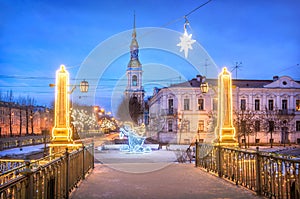 The bell tower of St. Nicholas Cathedral and the New Year\'s angel in St. Petersburg