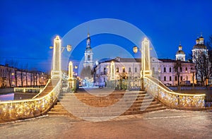 Bell tower of St. Nicholas Naval Cathedral in St. Petersburg and Krasnogvardeisky bridge