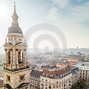 Bell tower of St. Stephen's Basilica and view of Budapest