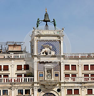 Bell Tower with statues called Due Mori in Venice in Italy