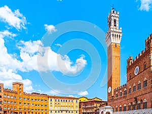 Bell tower, Torre del Mangia, of the Town Hall, Palazzo Pubblico, at the Piazza del Campo, Siena, Italy