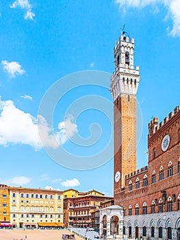 Bell tower, Torre del Mangia, of the Town Hall, Palazzo Pubblico, at the Piazza del Campo, Siena, Italy