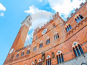 Bell tower, Torre del Mangia, of the Town Hall, Palazzo Pubblico, at the Piazza del Campo, Siena, Italy
