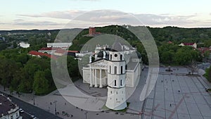 Bell Tower in Vilnius Old Town in Lithuania. Gediminas Castle, Cathedral and Bell Tower in Background. Hill of Three Crosses.