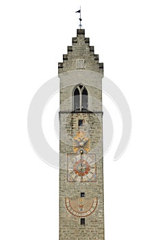 The bell tower of Vipiteno or Sterzing isolated in white background.